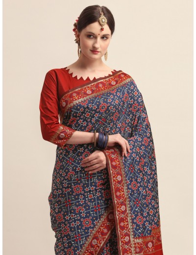 KAPAAHA Woven Navratan Patola Saree (Navy)